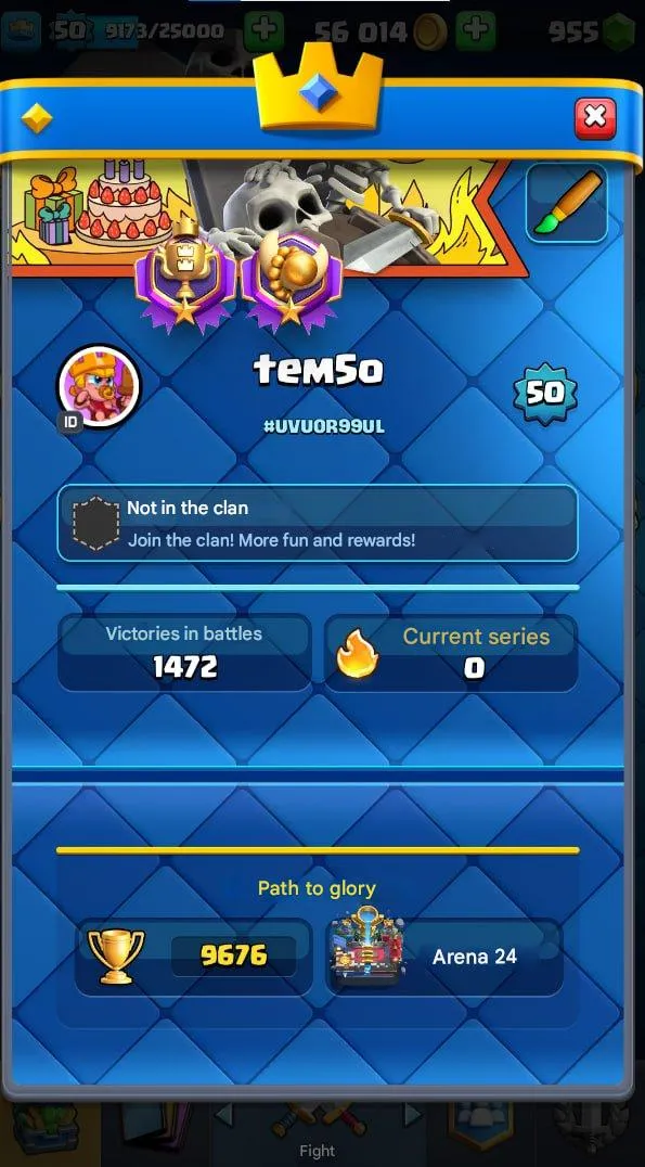 CR530 Tower Skins, 7 Evolutions, 55 Emotes, Arena 24, 9676 Trophies 